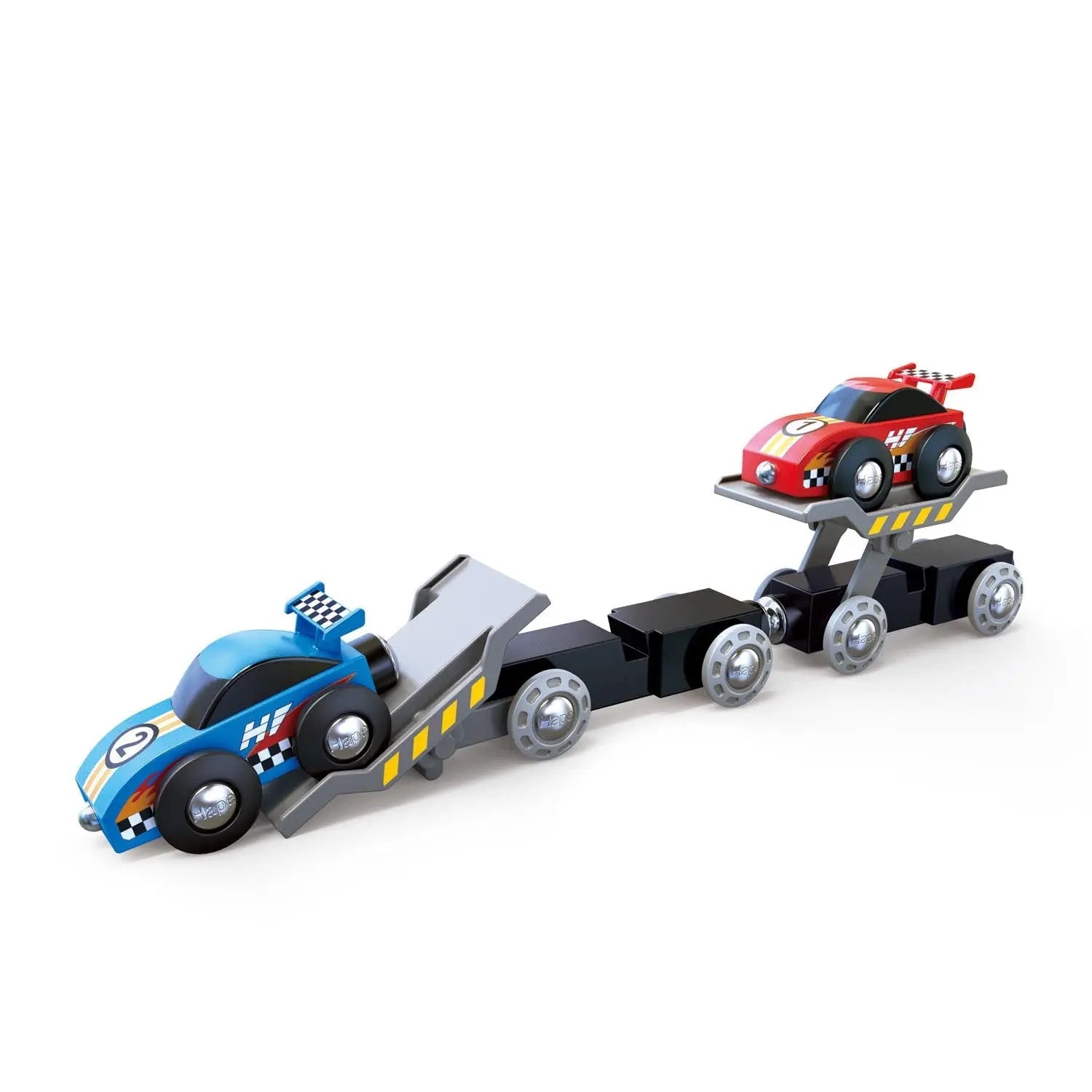 Wooden toy race car transporter trailer carrying a blue and a red race car