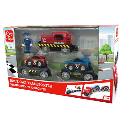 Hape wooden race car transporter toy train set with locomotive, two cars, and conductor figure in box