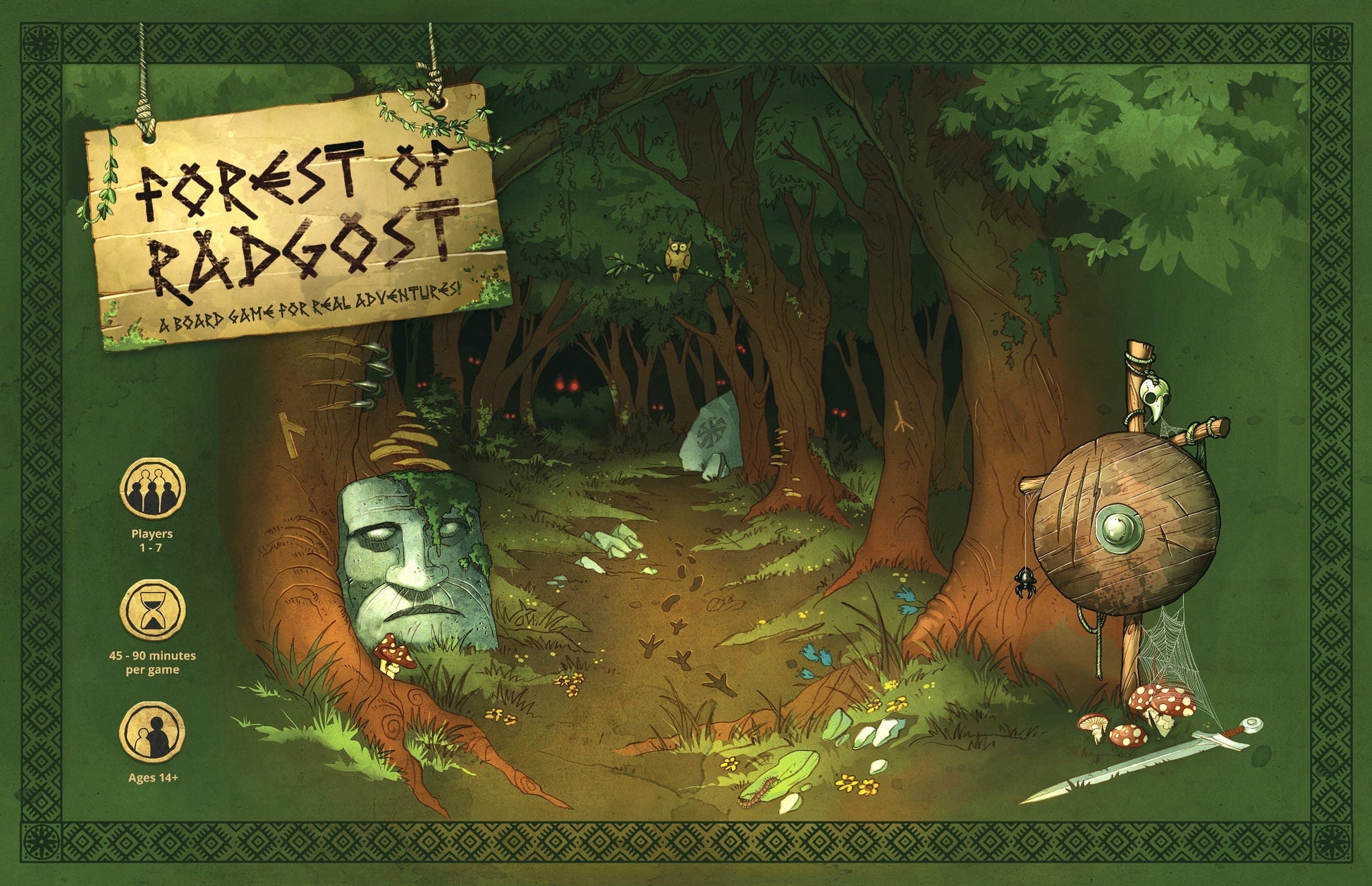 Front of game box featuring illustrated forest creatures, Slavic symbols, and rich natural textures