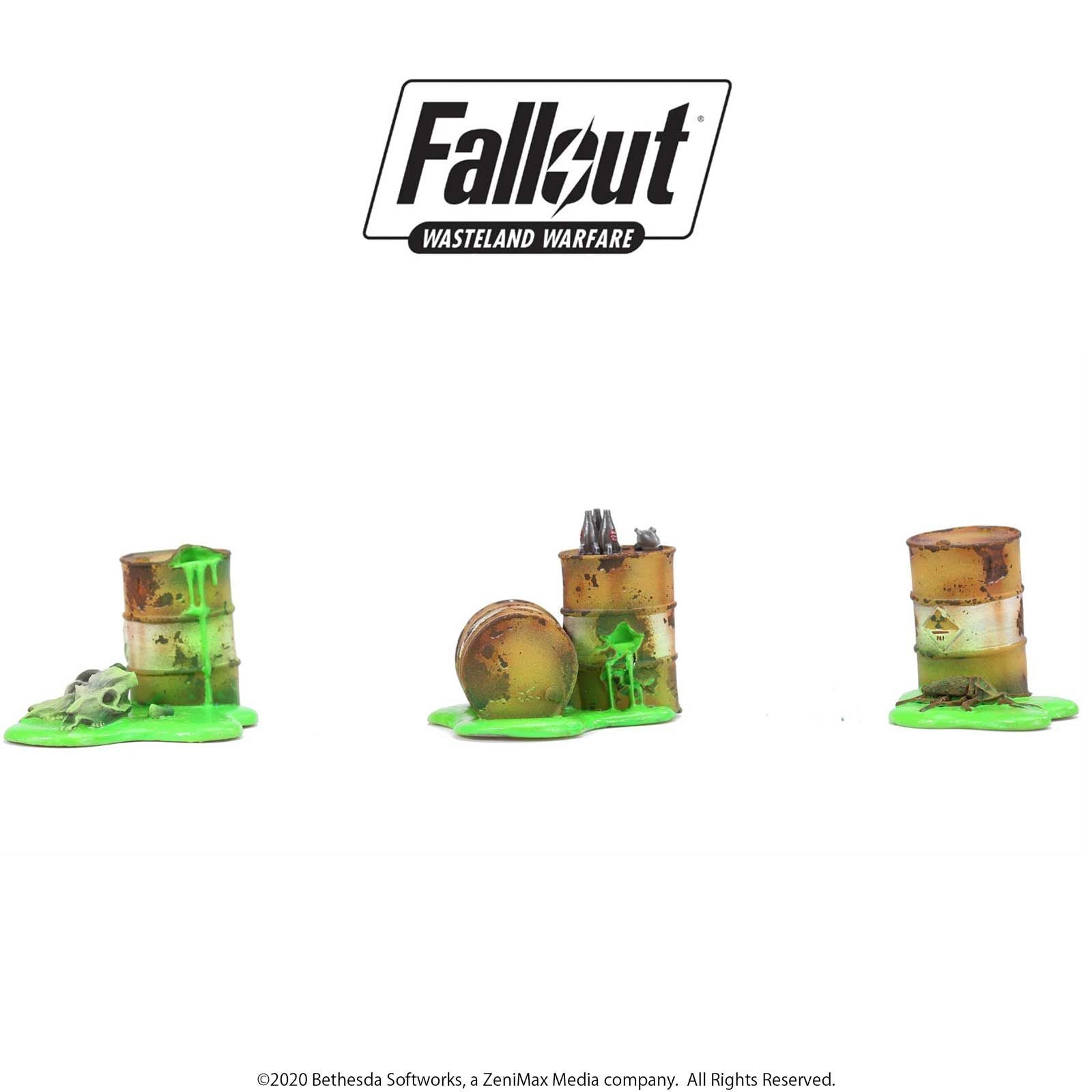 Three miniature rusty barrels oozing green toxic waste, some with skulls and creatures