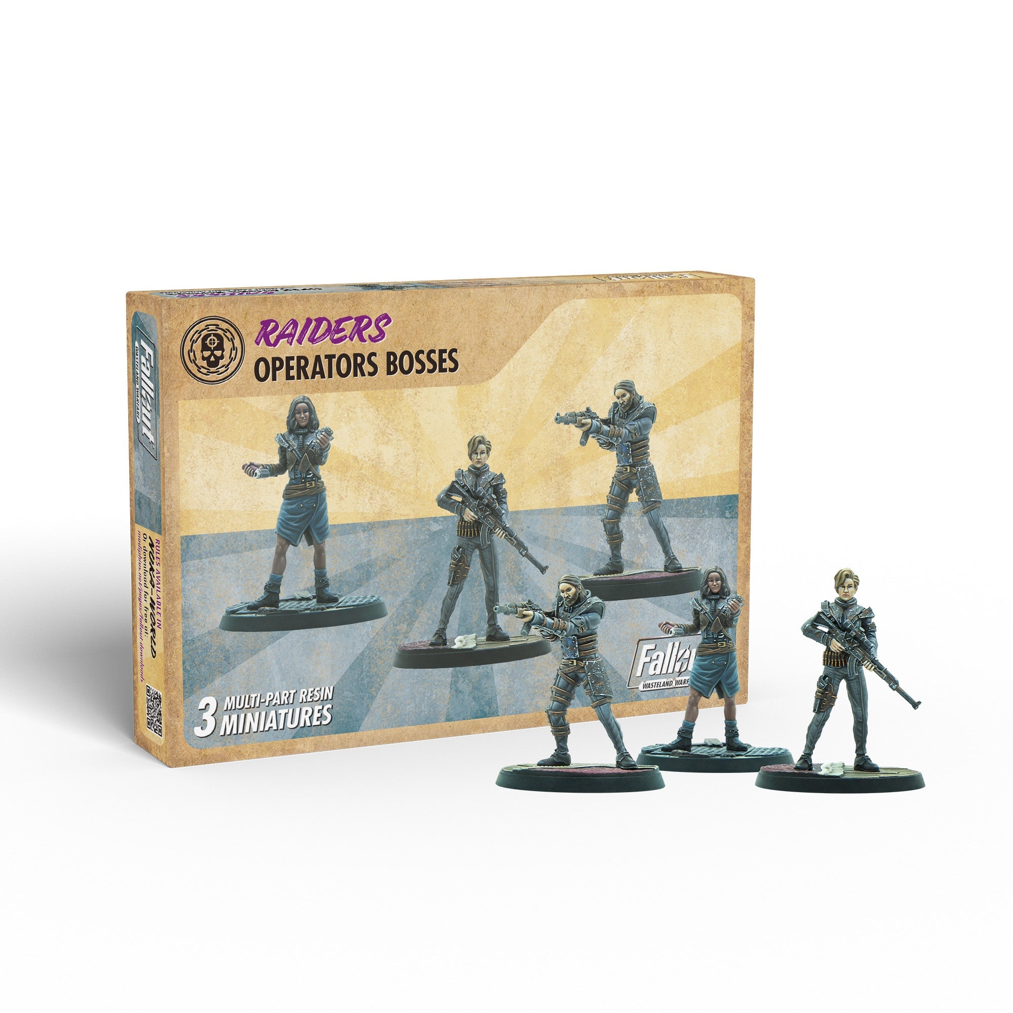 Fallout: Raiders Operators Bosses box with 3 armed, post-apocalyptic miniature figures displayed in front