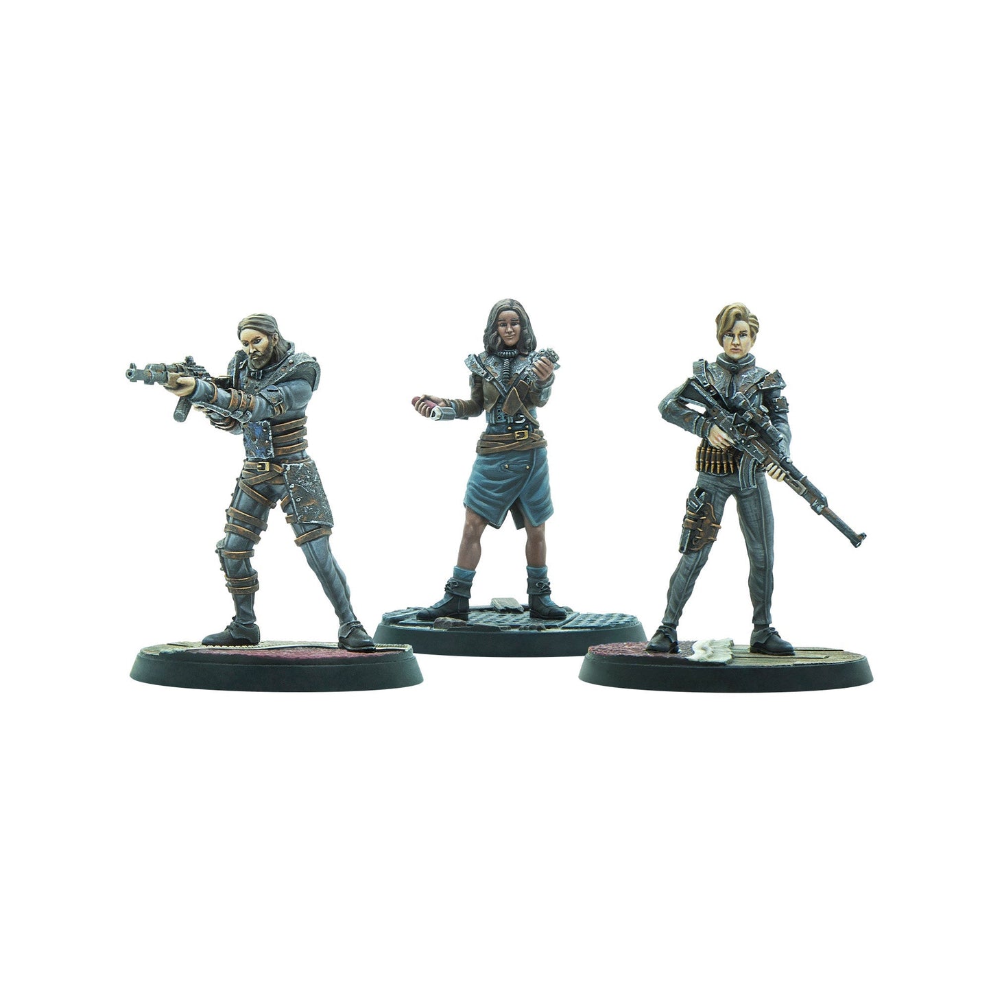 Three character miniatures: a man aiming a rifle, a woman holding tech devices, and another woman carrying a rifle
