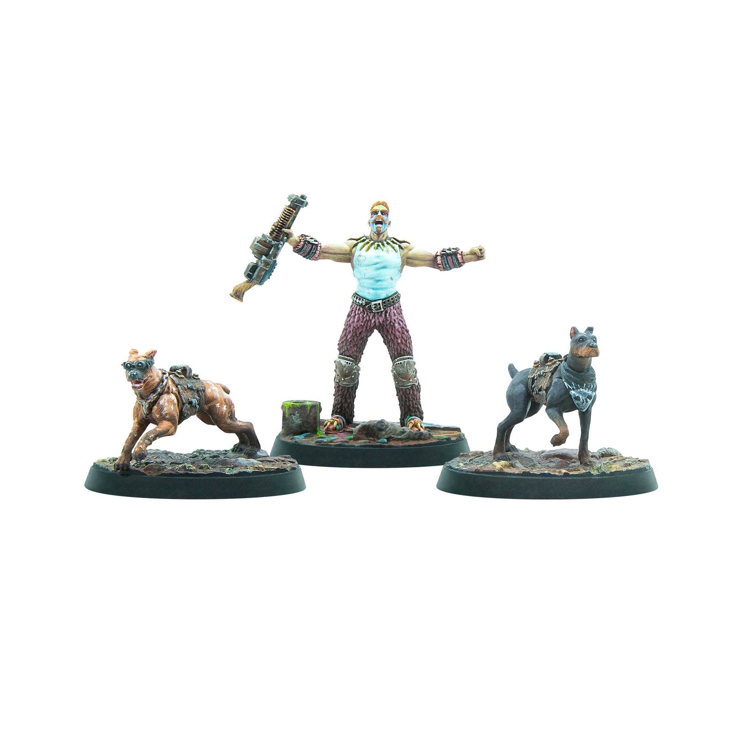 Painted miniatures: A man with a sci-fi rifle, flanked by two dogs with gear, one wearing goggles