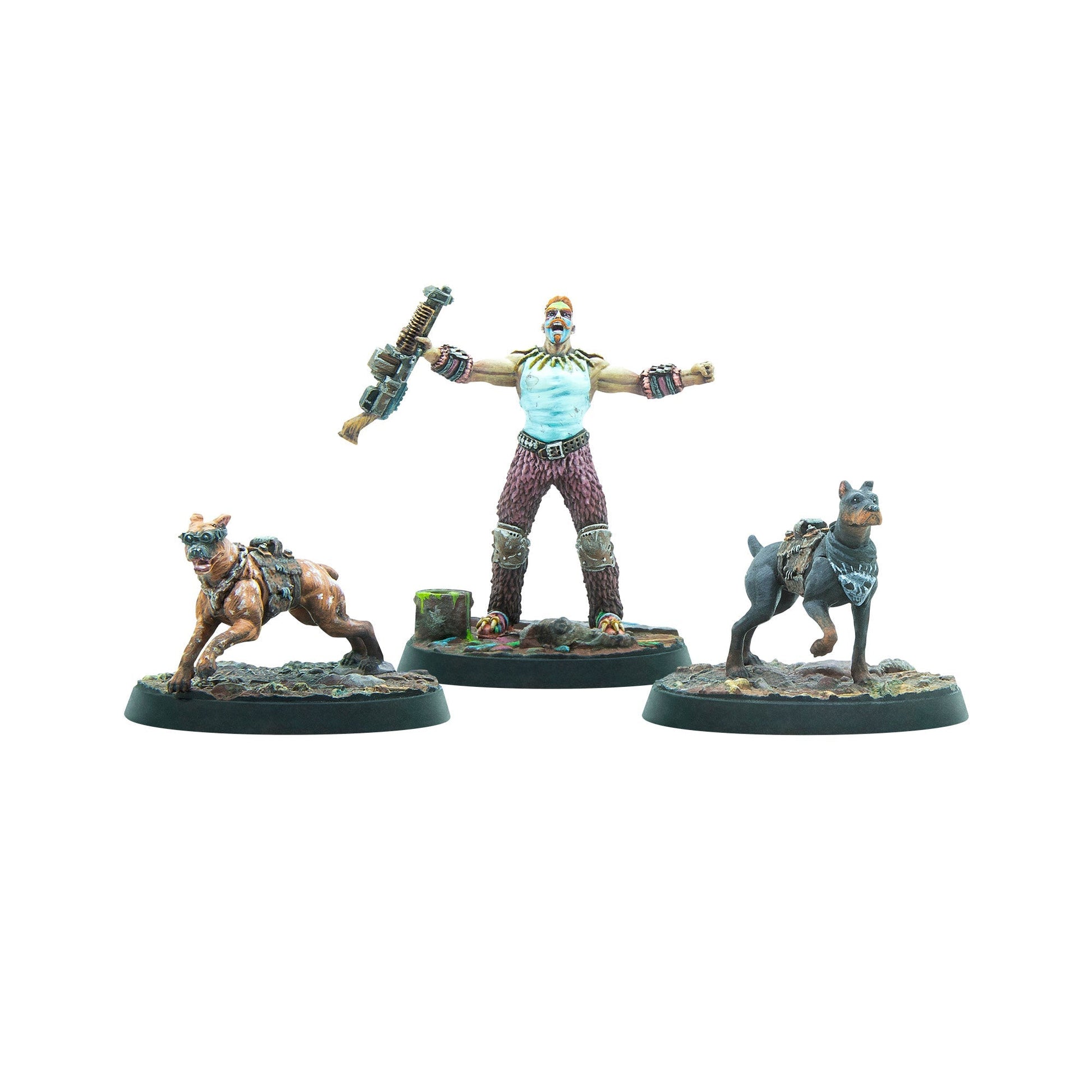 Painted miniatures: A man with a sci-fi rifle, flanked by two dogs with gear, one wearing goggles