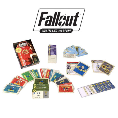 Fallout Wasteland Warfare game components: many colourful cards for items, creatures, and events, plus a Nuka Cola box