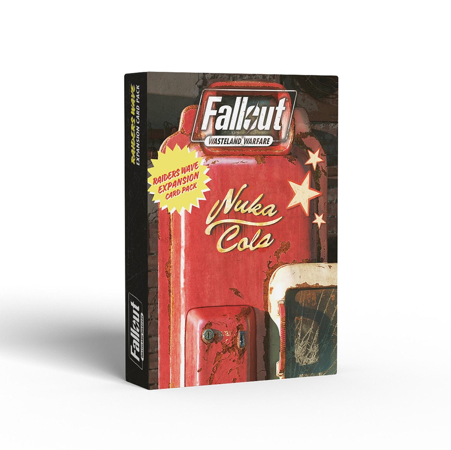 Fallout Wasteland Warfare Raiders Wave Expansion Card Pack box, featuring a distressed red Nuka-Cola vending machine