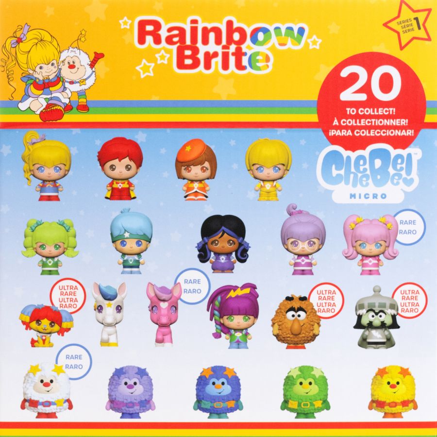 Rainbow Brite CheeBee MICRO collectibles poster with 20 mini figures in a grid, featuring Rainbow Brite, sprites, and villains