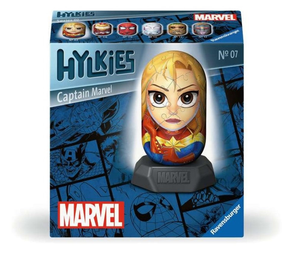 Ravensburger Hylkies Captain Marvel 3D puzzle box, featuring the assembled character on a base