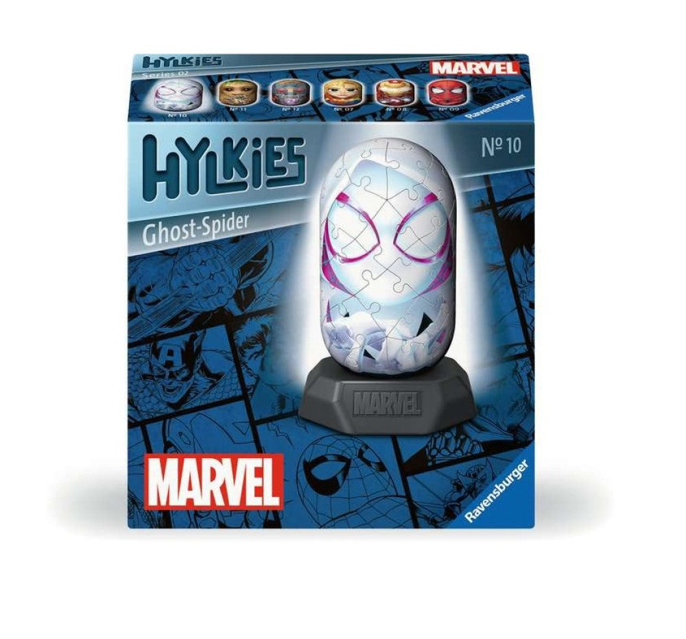 Ravensburger Marvel Hylkies Ghost-Spider 3D puzzle box, featuring the white and pink Spider-Gwen figurine