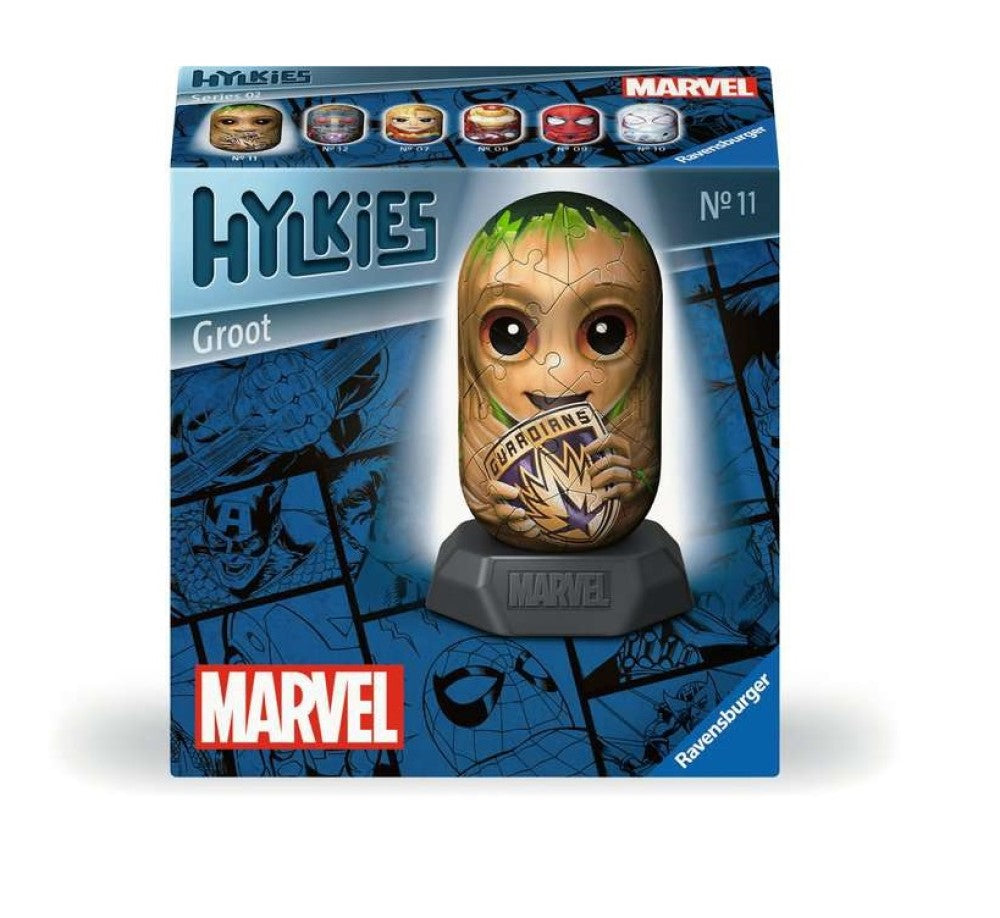 Marvel Hylkies puzzle box showing a Baby Groot 3D puzzle on a stand, holding a Guardians of the Galaxy logo