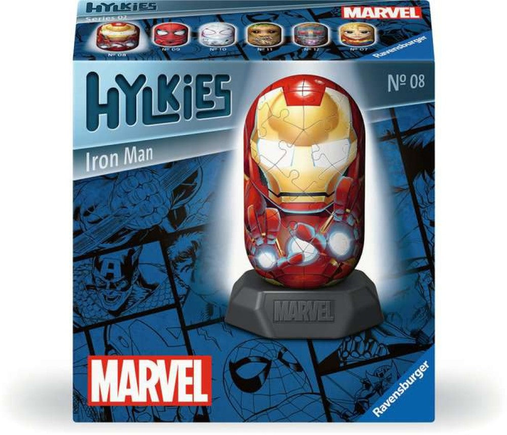 Marvel Hylkies box featuring an assembled Iron Man 3D puzzle: a helmet and torso with glowing repulsor hands on a stand