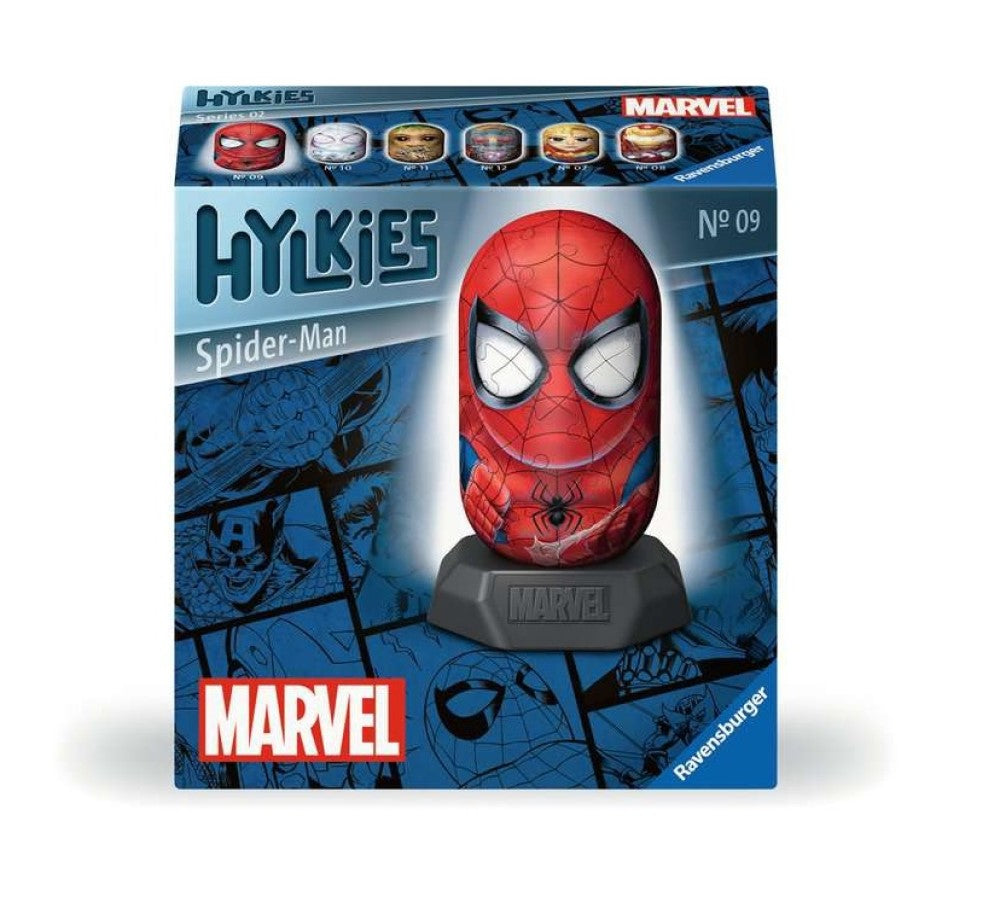 Hylkies Spider-Man collectible box, showing a red, capsule-shaped figure with mask and emblem on a black Marvel base