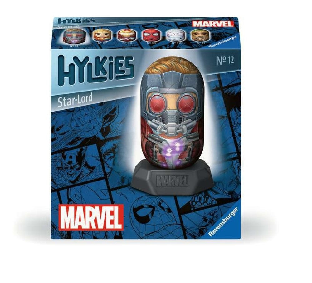 Blue Marvel Hylkies Star-Lord figurine box, featuring the glowing masked head against comic book art