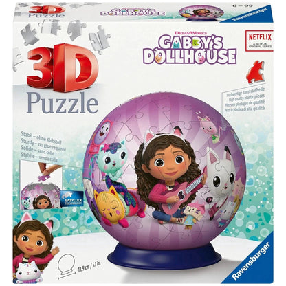 Gabby's Dollhouse 3D spherical puzzle featuring Gabby playing guitar with cat friends on a purple globe with stand