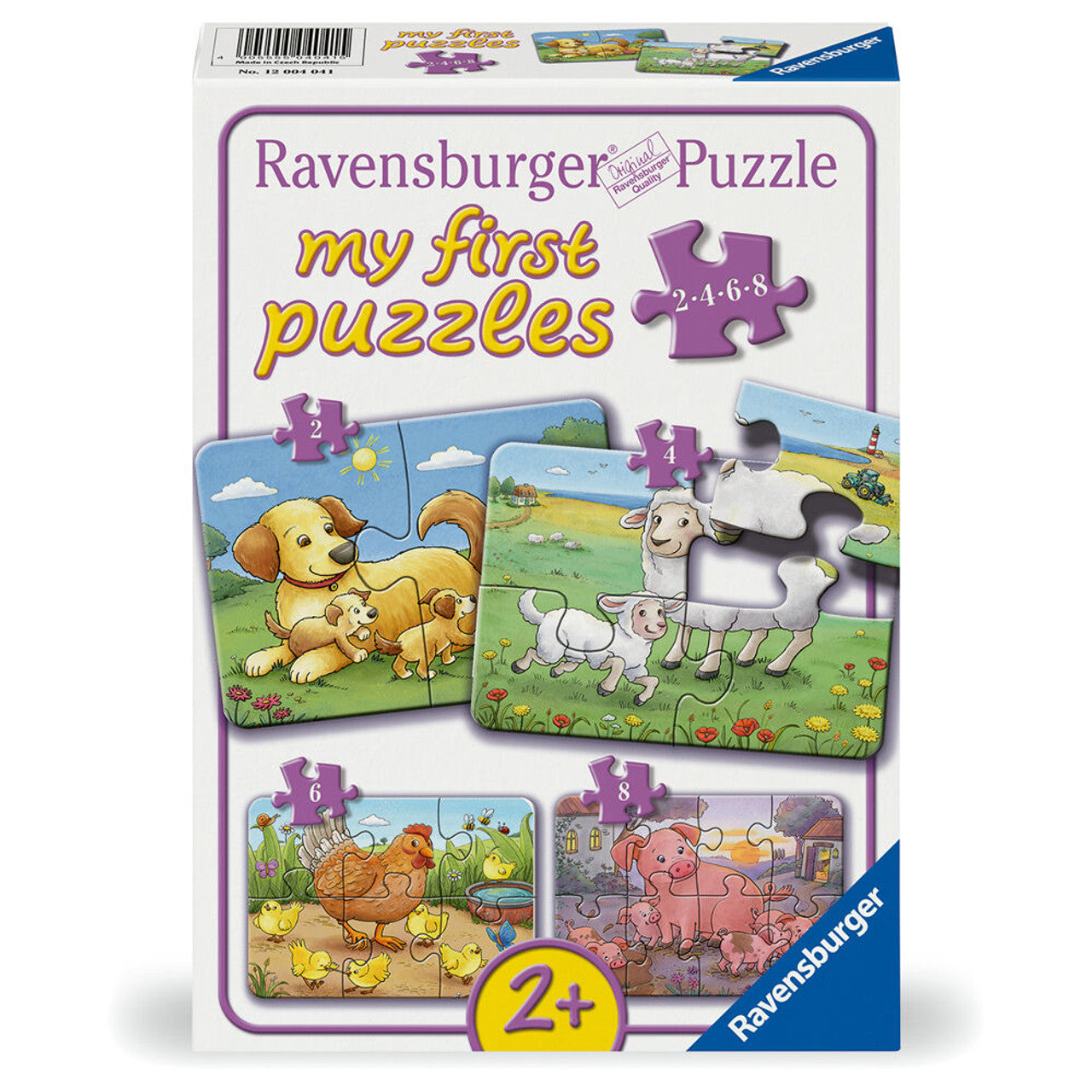 Ravensburger "My First Puzzles" box. Four farm animal puzzles (2, 4, 6, 8 pieces): dog, sheep, hen, pig families. Ages 2+