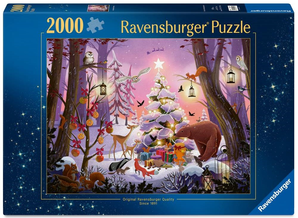 Box for 2000-piece puzzle: Illustration of a snowy winter forest where animals gather near a brightly lit Christmas tree and gifts