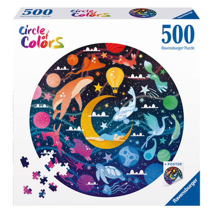 Ravensburger 'Circle of Colors' 500-piece puzzle box: a whimsical night sky with a sleeping child on a moon, animals and planets