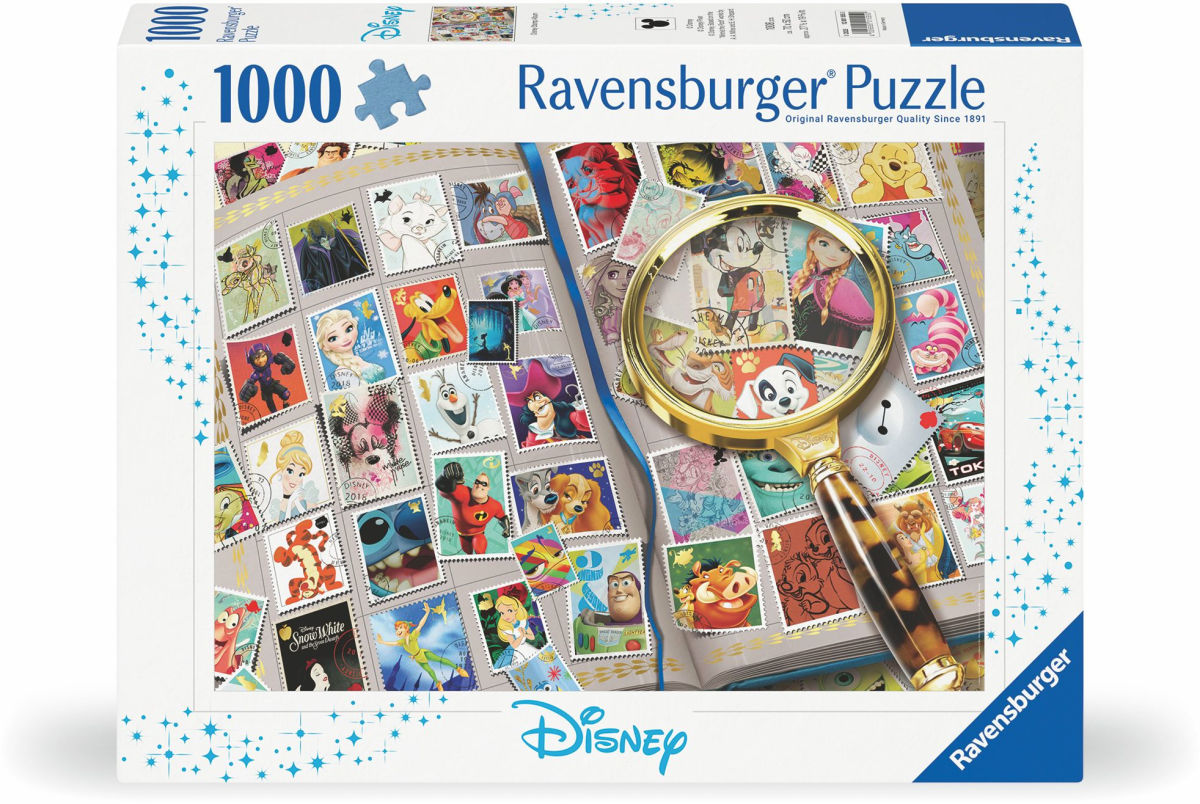 Magnifying glass over an album of collectible postage stamps featuring diverse Disney characters