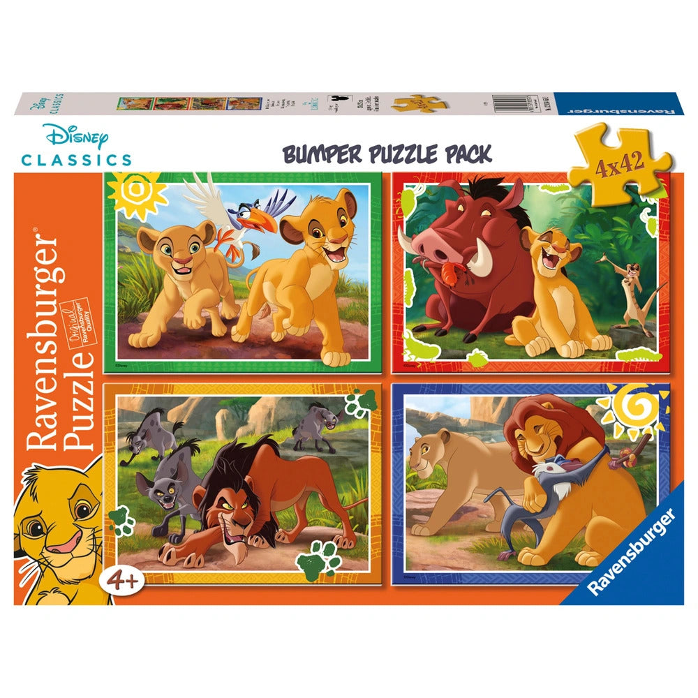 Ravensburger Disney The Lion King 4-puzzle pack featuring scenes with young Simba, Timon, Pumbaa, Scar and adult Simba