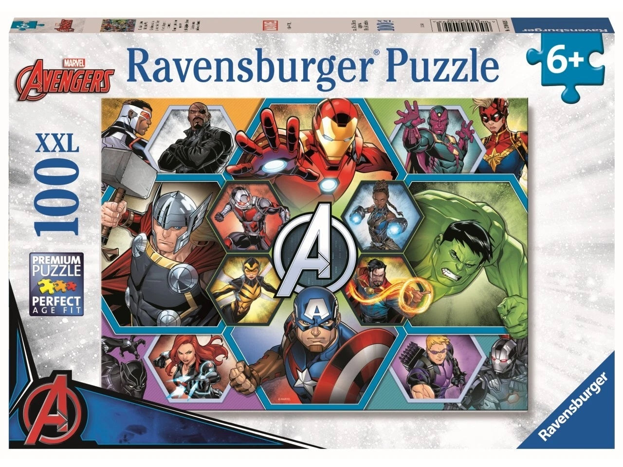 Ravensburger Marvel Avengers 100-piece puzzle box with many superheroes like Iron Man, Thor and Hulk in action