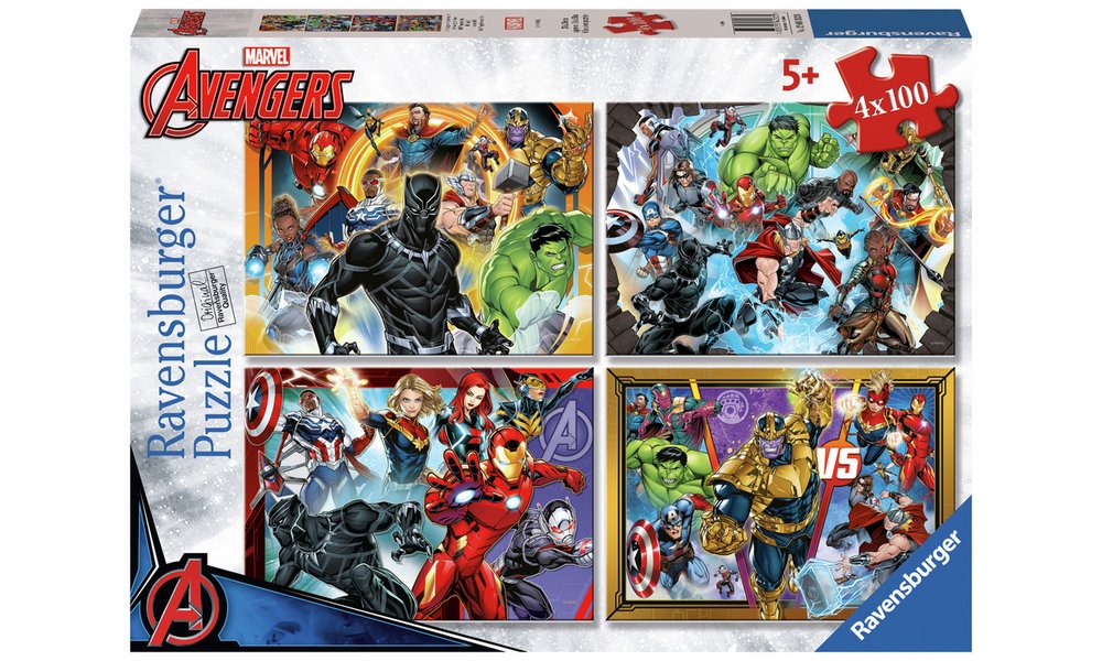 Ravensburger Marvel Avengers 4x100 puzzle box featuring Iron Man, Hulk, Black Panther and other heroes in action