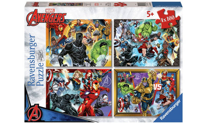 Ravensburger Marvel Avengers 4x100 puzzle box featuring Iron Man, Hulk, Black Panther and other heroes in action