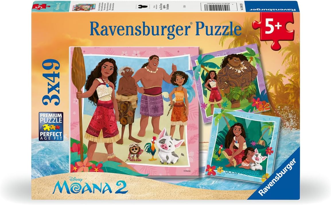 Ravensburger Disney Moana 2 puzzle box, 3x49 pieces, depicting Moana, Maui, Pua and family on colorful tropical scenes. Ages 5+