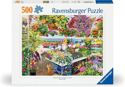 Ravensburger 500-piece puzzle: A vibrant garden center scene, overflowing with colorful flowers, gnomes, and a cat.