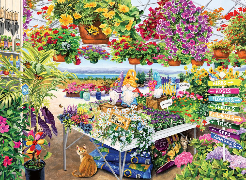 Detailed illustration of a vibrant greenhouse packed with flowers, plants, garden gnomes, and an orange cat.