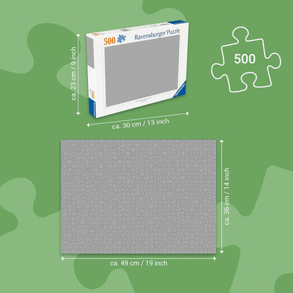 Ravensburger 500-piece puzzle box and its assembled puzzle, displayed with their dimensions.