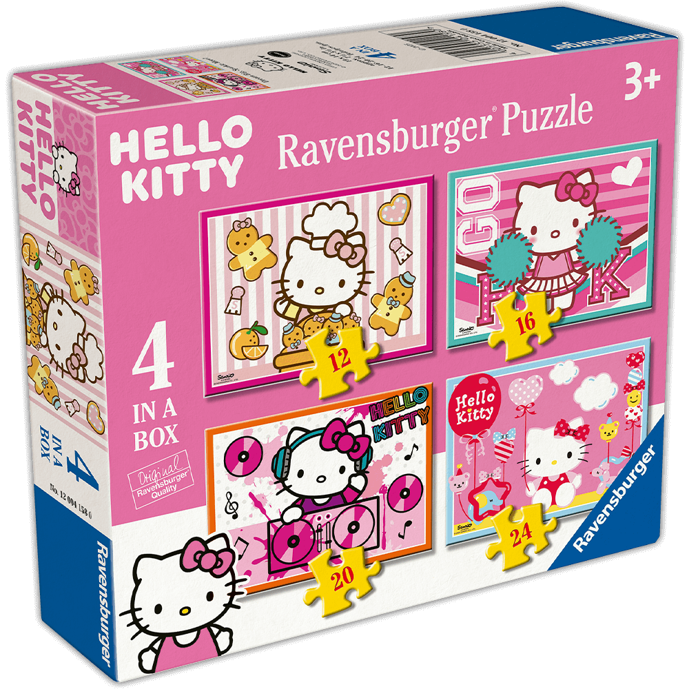 Pink Hello Kitty Ravensburger puzzle box shows four different scenes: baking, cheerleading, DJing and party time