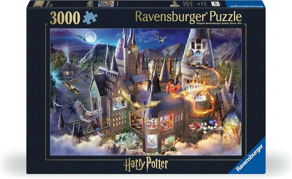 Ravensburger Harry Potter 3000-pc puzzle box: Illuminated Hogwarts Castle at night with owls, Golden Snitch and phoenix