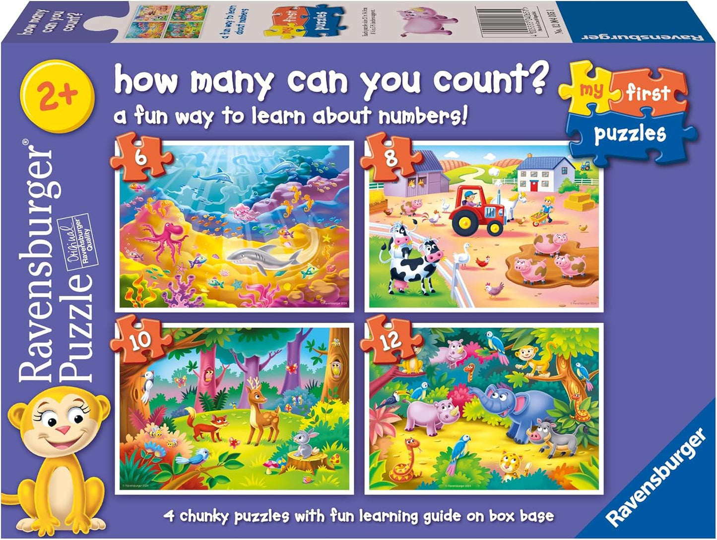Ravensburger "How many can you count?" puzzle box (2+). Features 4 colorful animal puzzles to learn numbers
