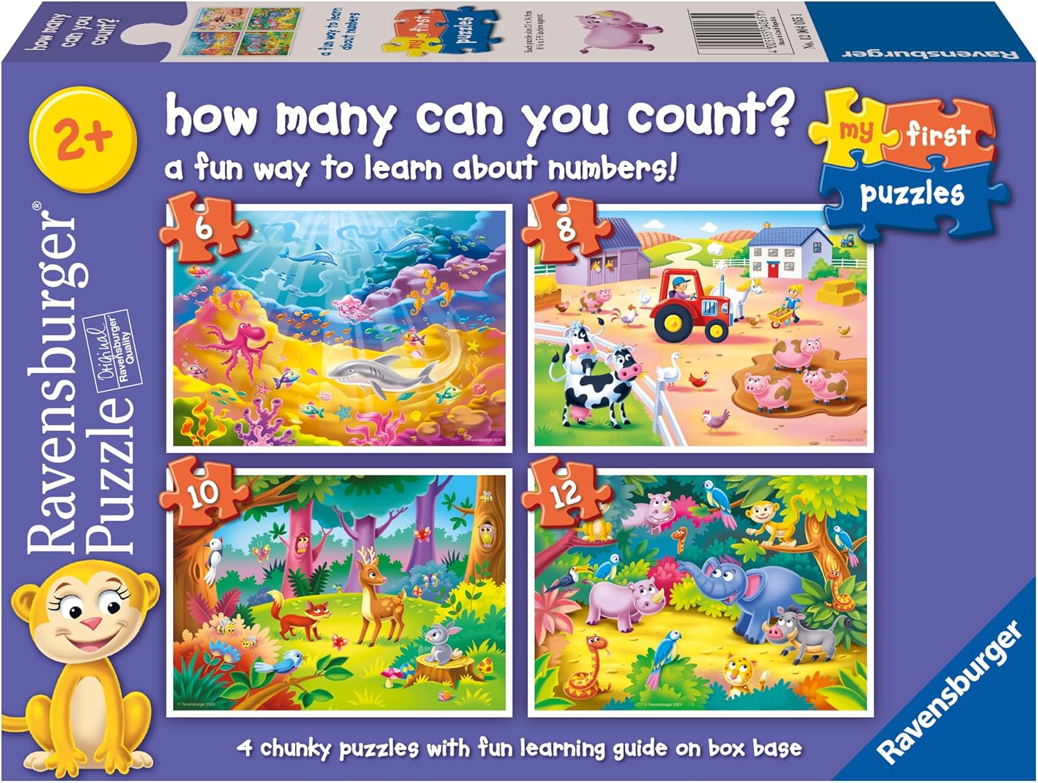 Ravensburger "How many can you count?" puzzle box (2+). Features 4 colorful animal puzzles to learn numbers