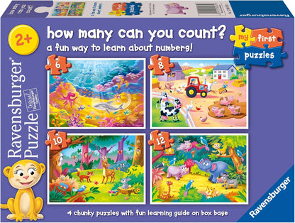 Ravensburger "How many can you count?" puzzle box (2+). Features 4 colorful animal puzzles to learn numbers
