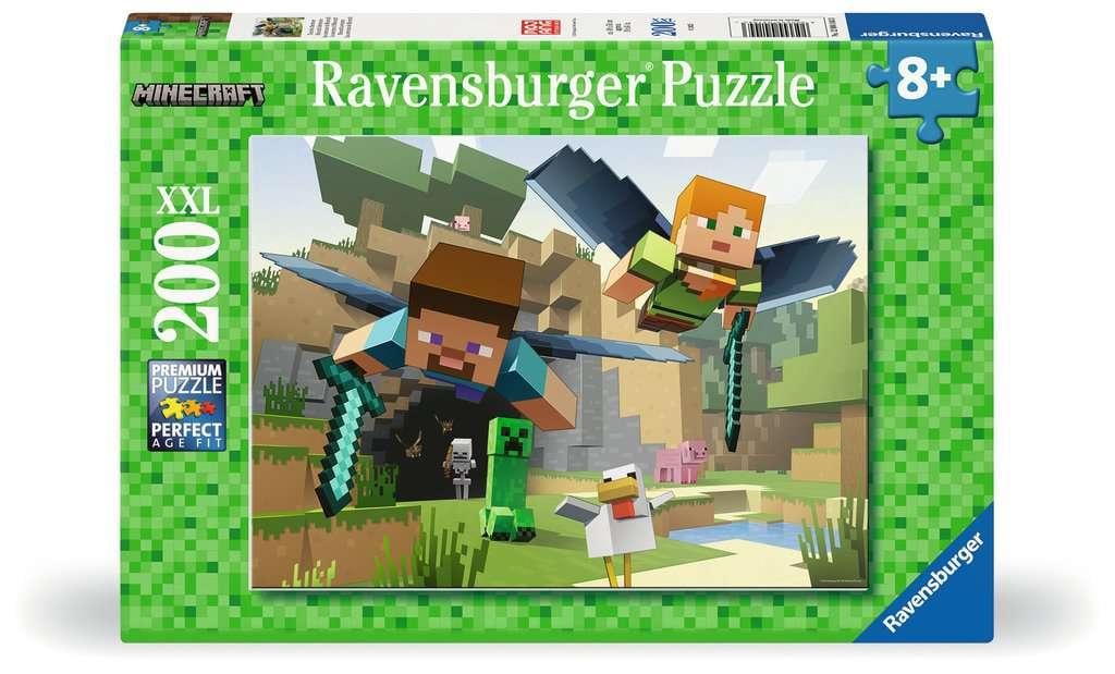 Minecraft Ravensburger puzzle box features Steve and Alex flying with elytra over a blocky world