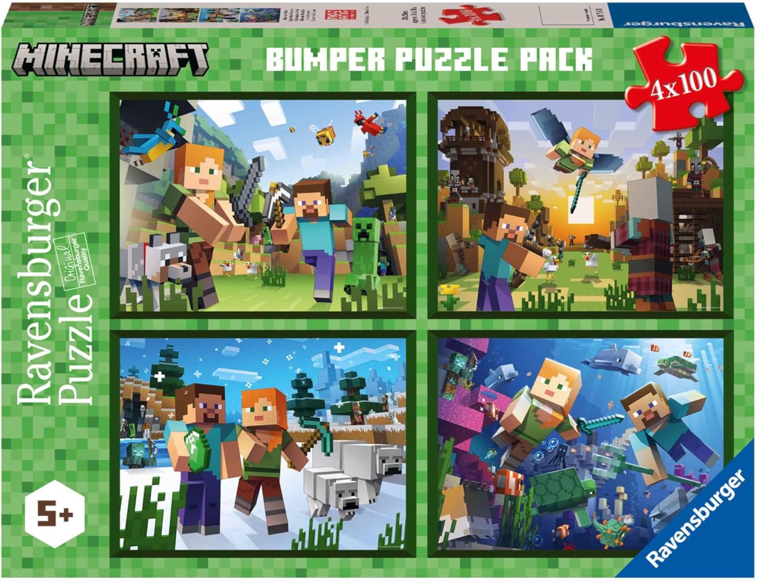 Minecraft puzzle pack: Steve and Alex explore diverse biomes, battling mobs and crafting tools in four scenes