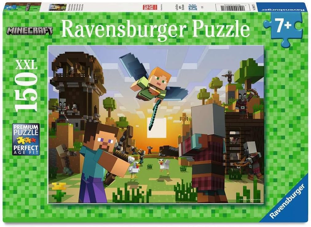 Ravensburger Minecraft puzzle: Steve, Alex flying with sword and Pillagers battle in a blocky sunset landscape. 150 XXL
