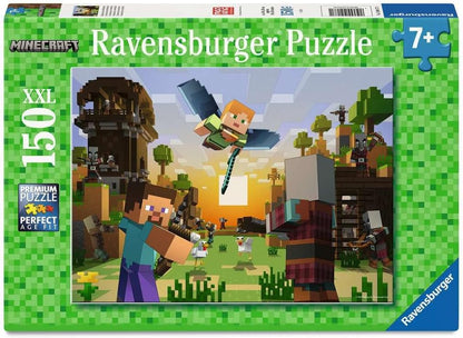 Ravensburger Minecraft puzzle: Steve, Alex flying with sword and Pillagers battle in a blocky sunset landscape. 150 XXL