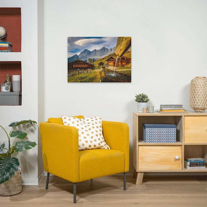 Jigsaw puzzle of a mountain village: wooden chalets, water flowing from a spout into a trough, cloudy mountains