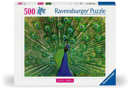 Ravensburger 500-piece puzzle box featuring a vibrant peacock with its green and blue tail fanned out