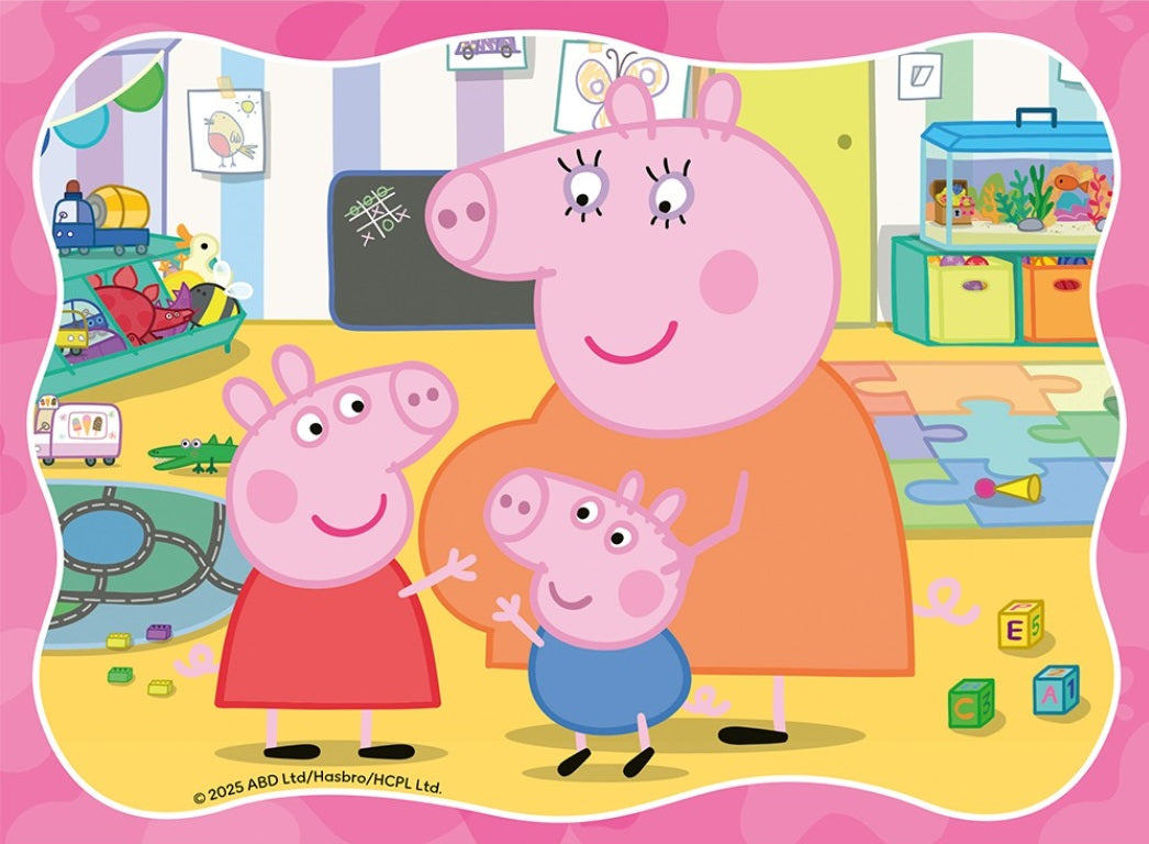 Peppa Pig, George and Mummy Pig smiling together in a colourful playroom with toys, a chalkboard and an aquarium