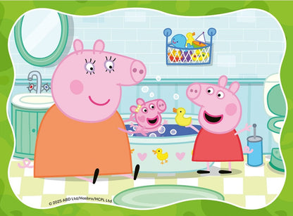Peppa Pig family in the bathroom. Baby pig smiles in the tub while Peppa holds a toy rubber duck