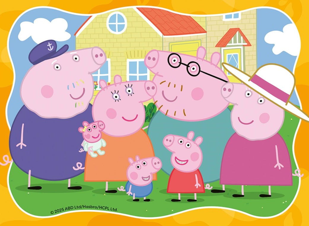 Extended family of Peppa Pig characters smiling in a group portrait outside a yellow house