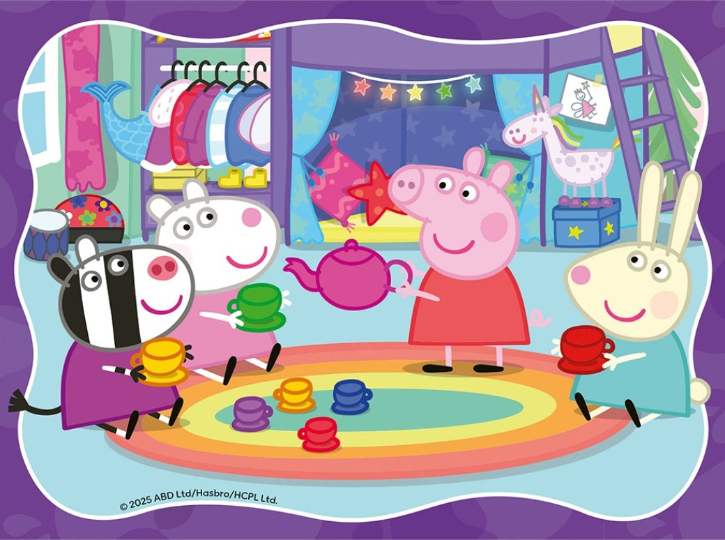 Peppa Pig and friends having a pretend tea party in her colourful bedroom