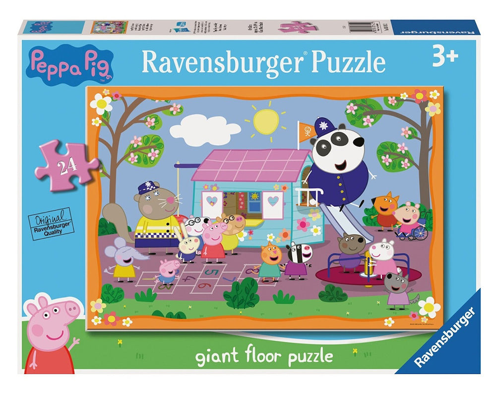 Peppa Pig Ravensburger puzzle box. Cartoon police cat, panda, Peppa & friends play on a playground with a slide, house and merry-go-round