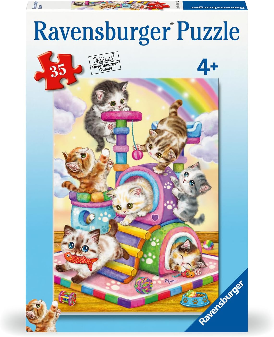 Ravensburger 35-piece puzzle box shows colorful kittens playing on a vibrant cat tree against a rainbow