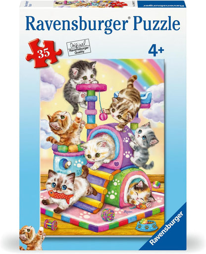 Ravensburger 35-piece puzzle box shows colorful kittens playing on a vibrant cat tree against a rainbow