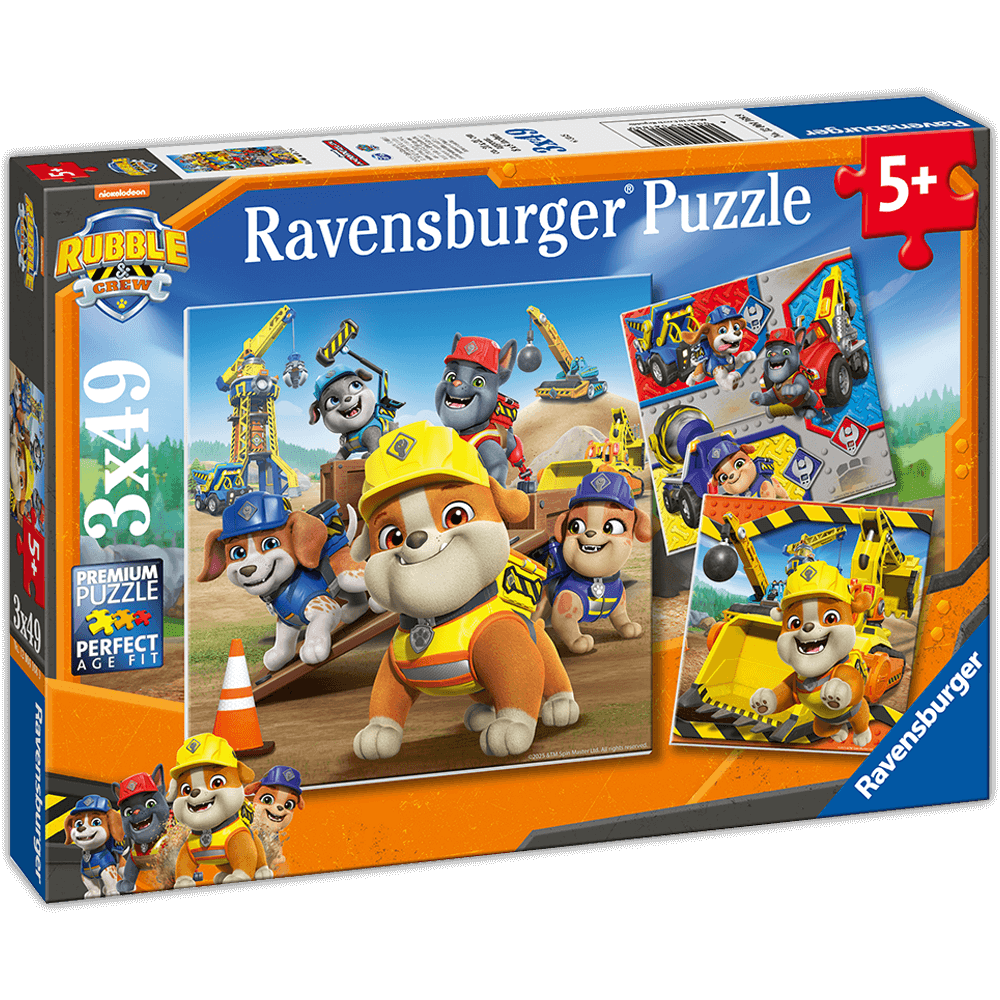 Ravensburger Paw Patrol Rubble & Crew 3x49 puzzle box, featuring construction dogs like Rubble; for ages 5+
