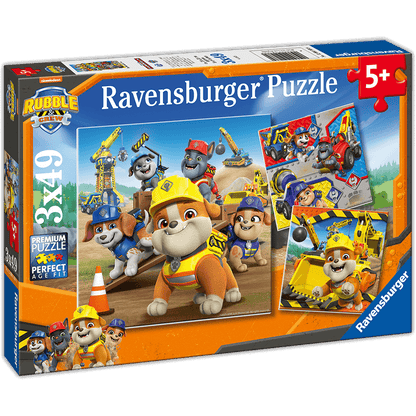 Ravensburger Paw Patrol Rubble & Crew 3x49 puzzle box, featuring construction dogs like Rubble; for ages 5+
